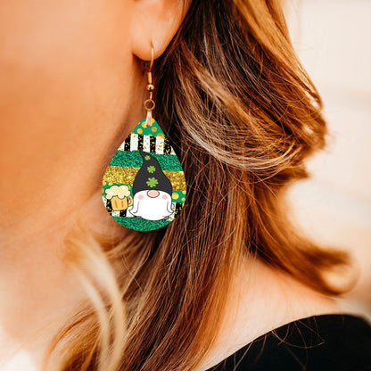 St. Patrick’s Day Gnome Teardrop Earrings – Green Leprechaun Beer Dangle Earrings