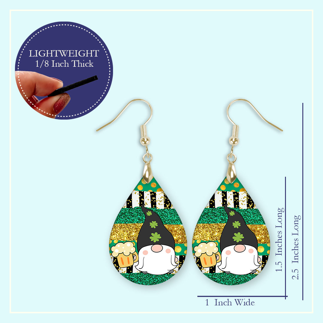 St. Patrick’s Day Gnome Teardrop Earrings – Green Leprechaun Beer Dangle Earrings