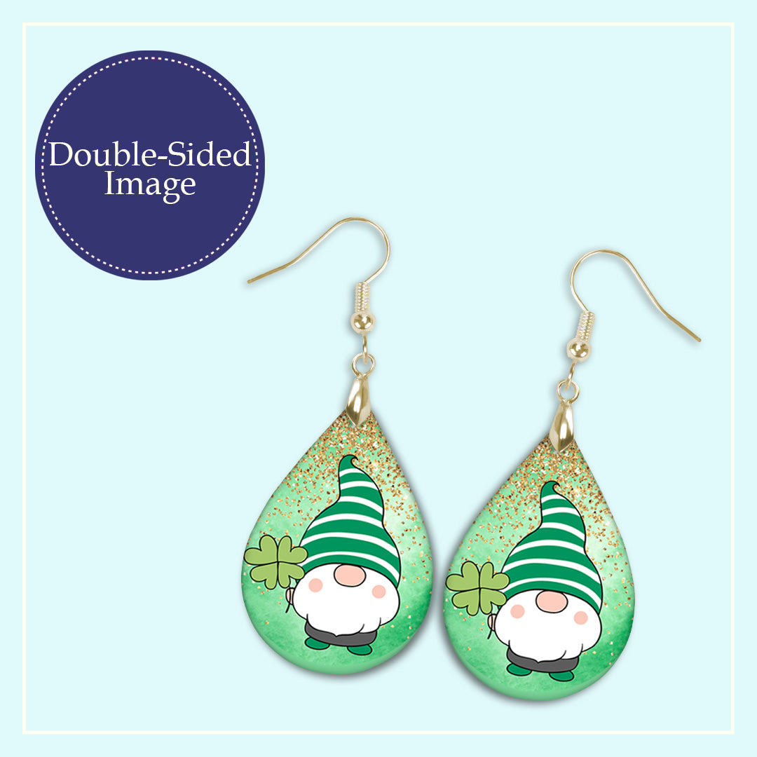 St Patrick’s Day Gnome Teardrop Earrings – Green Shamrock Gnome Dangle Earrings