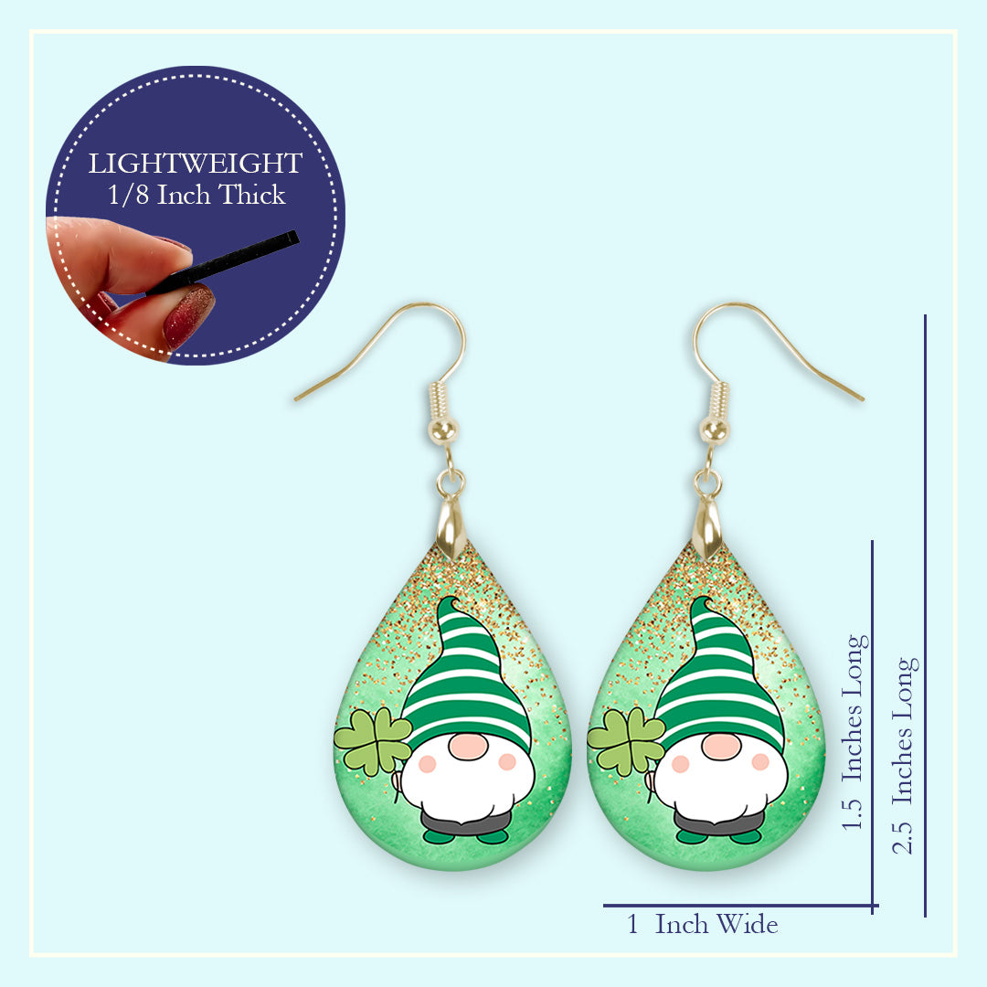 St Patrick’s Day Gnome Teardrop Earrings – Green Shamrock Gnome Dangle Earrings