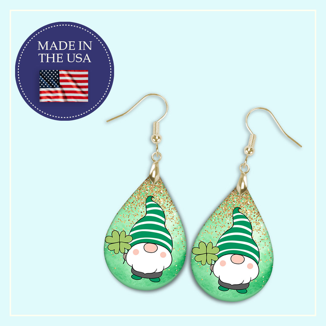 St Patrick’s Day Gnome Teardrop Earrings – Green Shamrock Gnome Dangle Earrings