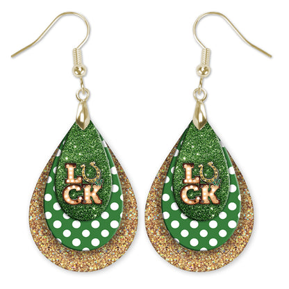 Luck Horseshoe Teardrop Earrings – Green and Gold St. Patrick’s Day Dangle Earrings
