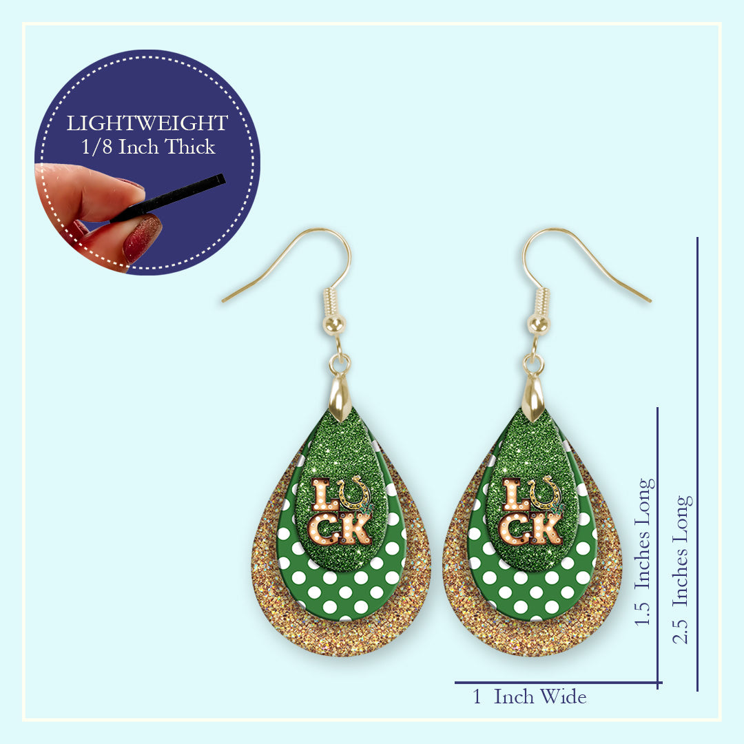 Luck Horseshoe Teardrop Earrings – Green and Gold St. Patrick’s Day Dangle Earrings