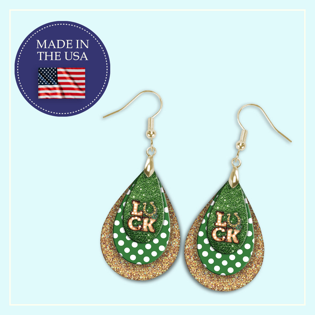 Luck Horseshoe Teardrop Earrings – Green and Gold St. Patrick’s Day Dangle Earrings
