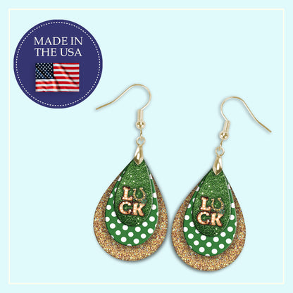 Luck Horseshoe Teardrop Earrings – Green and Gold St. Patrick’s Day Dangle Earrings