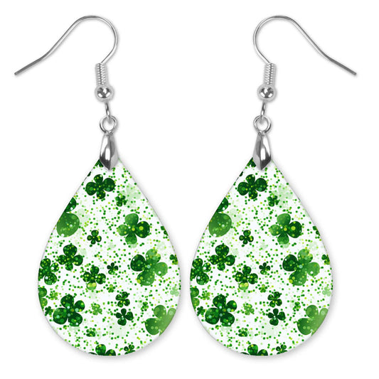 Shamrock Earrings Green White Wood St Patrick's Day Teardrop Earrings