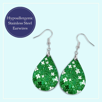 Shamrock Earrings Dark Green White Wood St Patrick's Day Teardrop Earrings