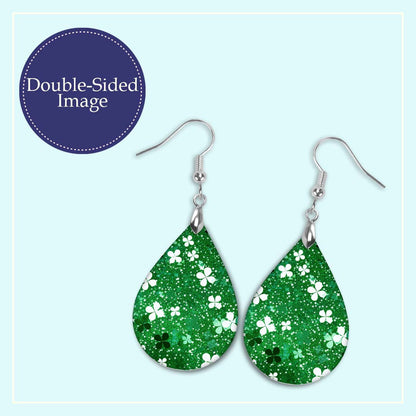 Shamrock Earrings Dark Green White Wood St Patrick's Day Teardrop Earrings