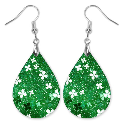 Shamrock Earrings Dark Green White Wood St Patrick's Day Teardrop Earrings