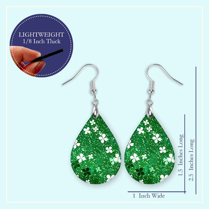Shamrock Earrings Dark Green White Wood St Patrick's Day Teardrop Earrings
