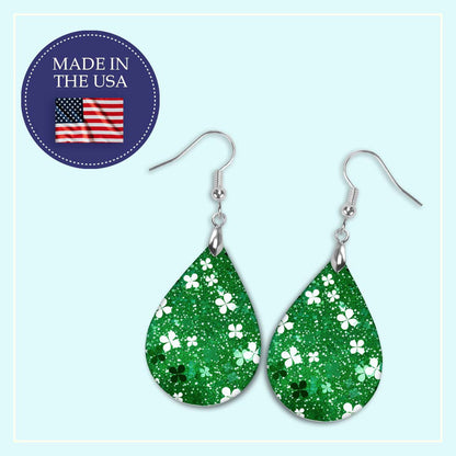 Shamrock Earrings Dark Green White Wood St Patrick's Day Teardrop Earrings