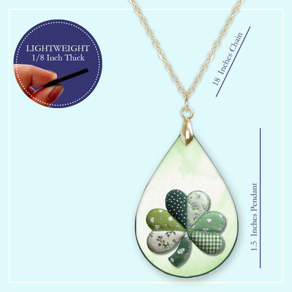Shamrock Patchwork Teardrop Necklace – Green Quilted Clover Pendant with Gold Chain
