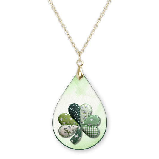 Shamrock Patchwork Teardrop Necklace – Green Quilted Clover Pendant with Gold Chain