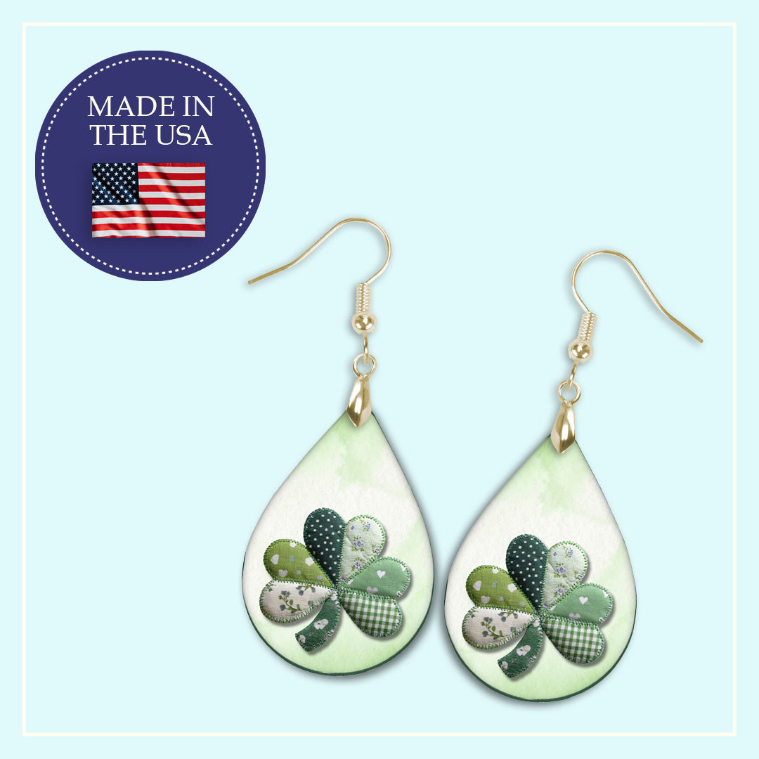 Quilted Shamrock Teardrop Earrings – Green St. Patrick’s Day Dangle Earrings