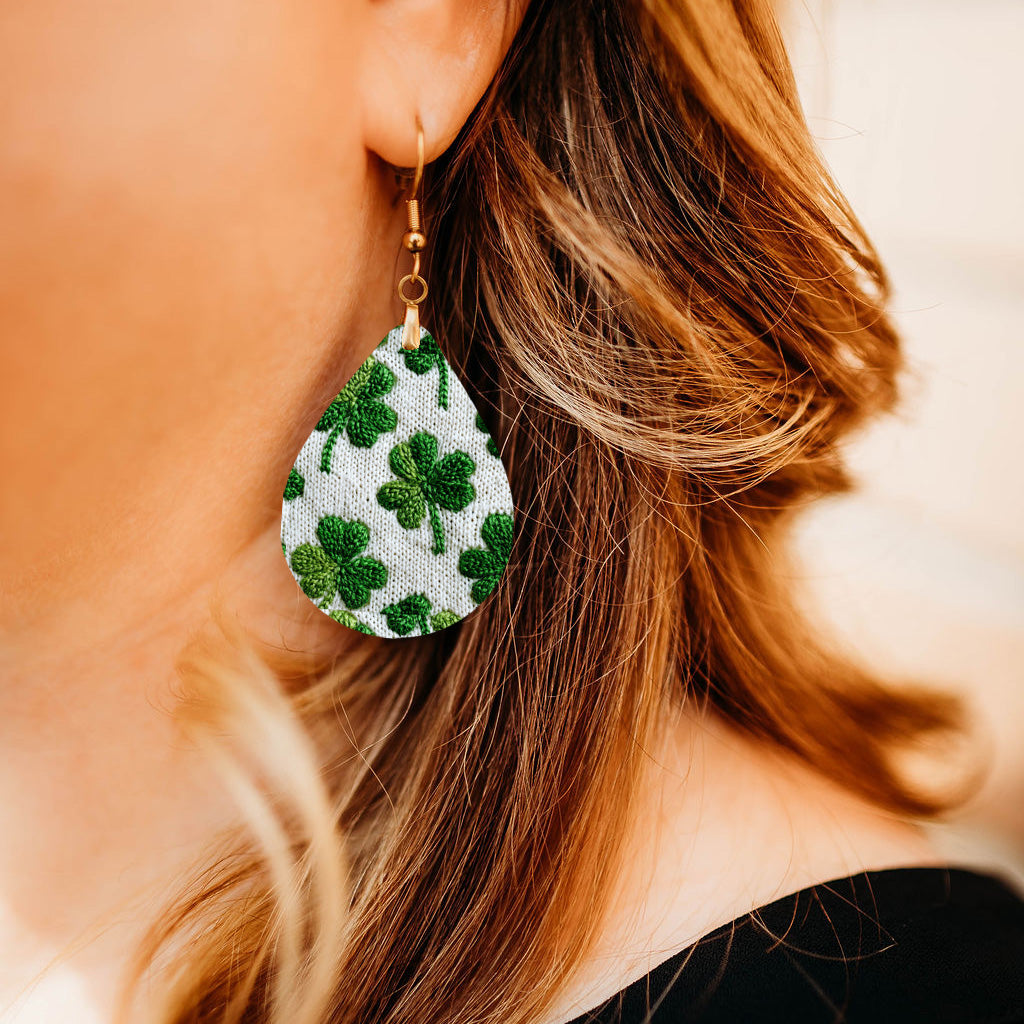 Knitted Shamrock Teardrop Earrings – Green St. Patrick’s Day Dangle Earrings