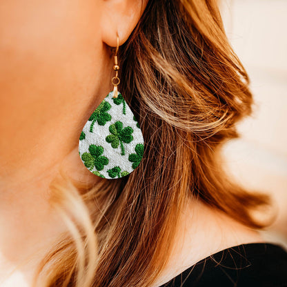 Knitted Shamrock Teardrop Earrings – Green St. Patrick’s Day Dangle Earrings