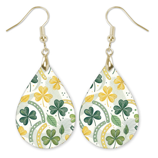 Minimal Shamrock Teardrop Earrings – Green and Gold St. Patrick’s Day Dangle Earrings