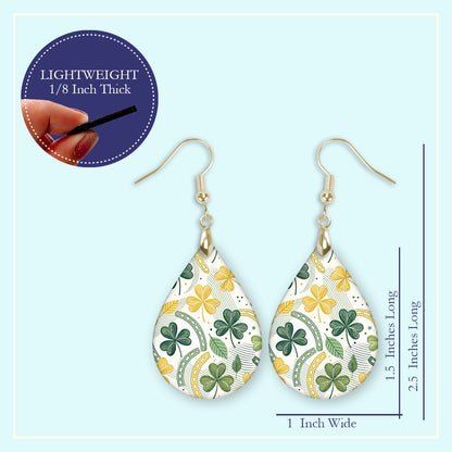 Minimal Shamrock Teardrop Earrings – Green and Gold St. Patrick’s Day Dangle Earrings