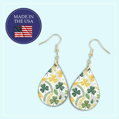 Minimal Shamrock Teardrop Earrings – Green and Gold St. Patrick’s Day Dangle Earrings