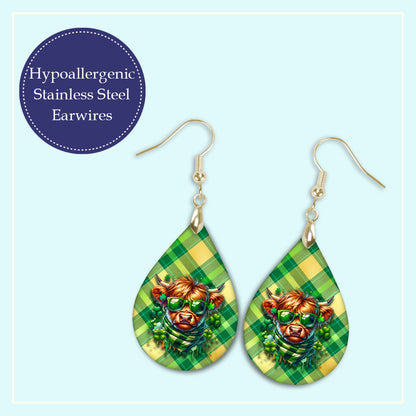 St. Patrick’s Day Highland Cow Teardrop Earrings – Green Shamrock and Clover Cow Dangle Earrings