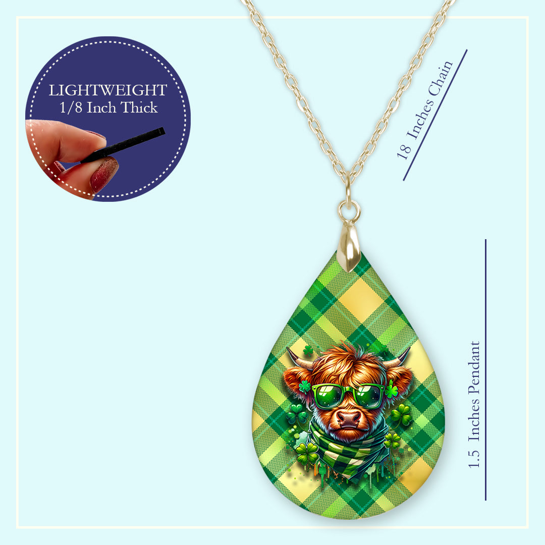 St. Patrick’s Day Highland Cow Teardrop Earrings – Green Shamrock and Clover Cow Dangle Earrings