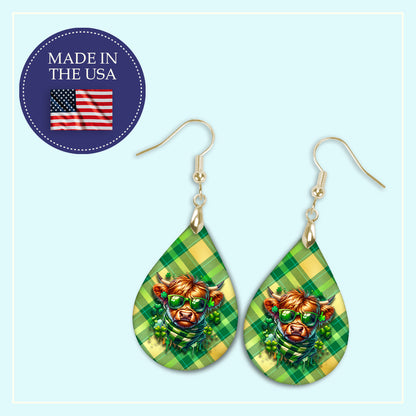 St. Patrick’s Day Highland Cow Teardrop Earrings – Green Shamrock and Clover Cow Dangle Earrings