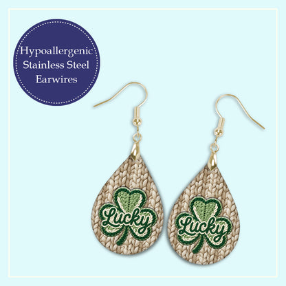 Lucky Shamrock Teardrop Earrings – Green Knit St. Patrick’s Day Dangle Earrings