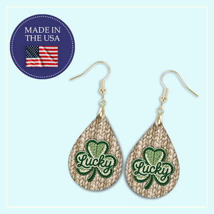 Lucky Shamrock Teardrop Earrings – Green Knit St. Patrick’s Day Dangle Earrings