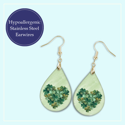 Clover Heart Teardrop Earrings – Green Four-Leaf Clover St. Patrick’s Day Dangle Earrings