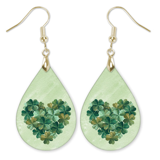 Clover Heart Teardrop Earrings – Green Four-Leaf Clover St. Patrick’s Day Dangle Earrings
