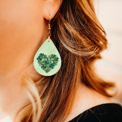 Clover Heart Teardrop Earrings – Green Four-Leaf Clover St. Patrick’s Day Dangle Earrings