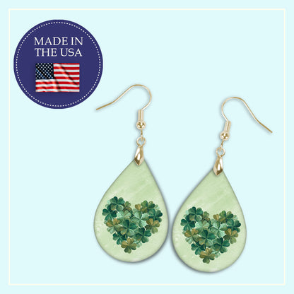 Clover Heart Teardrop Earrings – Green Four-Leaf Clover St. Patrick’s Day Dangle Earrings