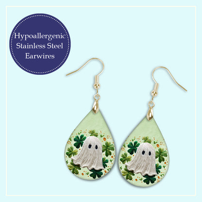 St. Patrick’s Day Knit Ghost Teardrop Earrings – Green Shamrock and Clover Dangle Earrings
