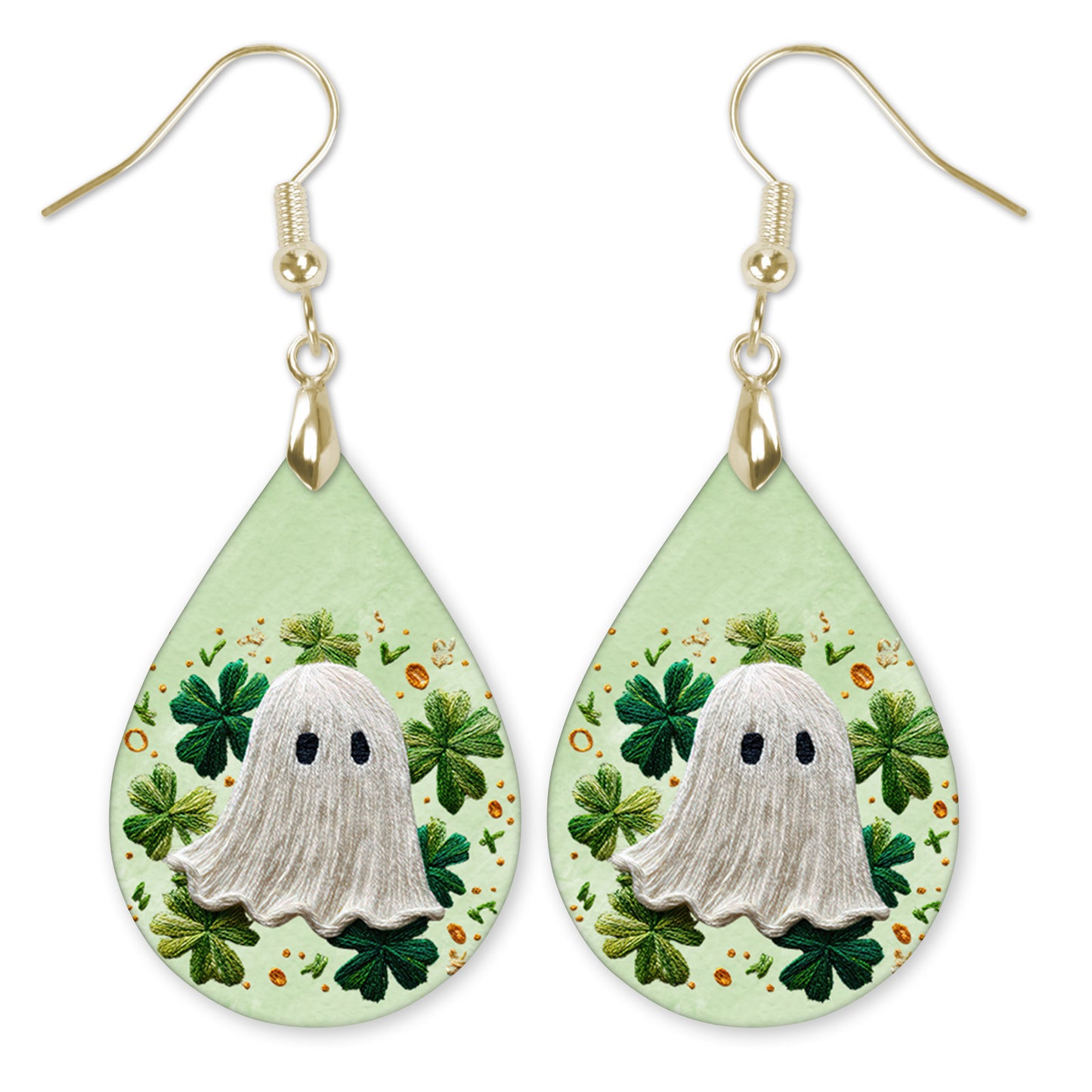 St. Patrick’s Day Knit Ghost Teardrop Earrings – Green Shamrock and Clover Dangle Earrings