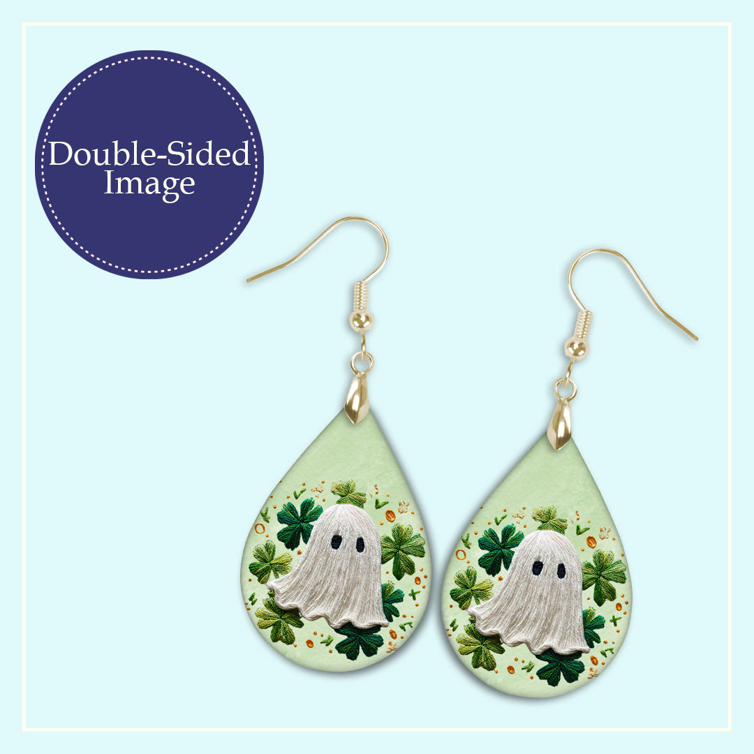 St. Patrick’s Day Knit Ghost Teardrop Earrings – Green Shamrock and Clover Dangle Earrings