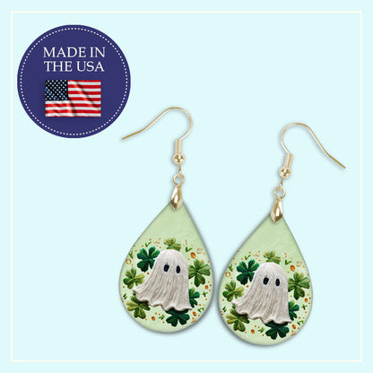 St. Patrick’s Day Knit Ghost Teardrop Earrings – Green Shamrock and Clover Dangle Earrings