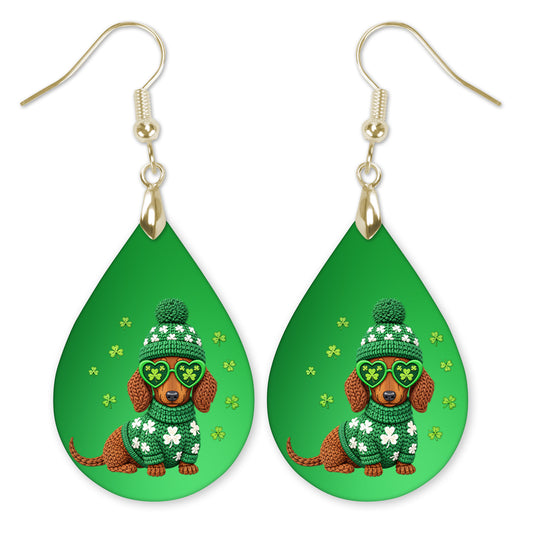 St Patrick’s Day Dachshund Teardrop Earrings – Green Knit Dog Shamrock Dangle Earrings