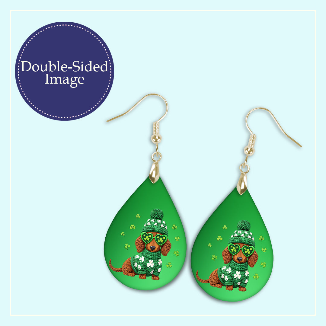 St Patrick’s Day Dachshund Teardrop Earrings – Green Knit Dog Shamrock Dangle Earrings