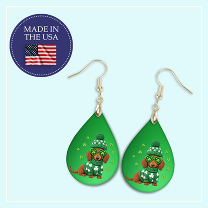 St Patrick’s Day Dachshund Teardrop Earrings – Green Knit Dog Shamrock Dangle Earrings