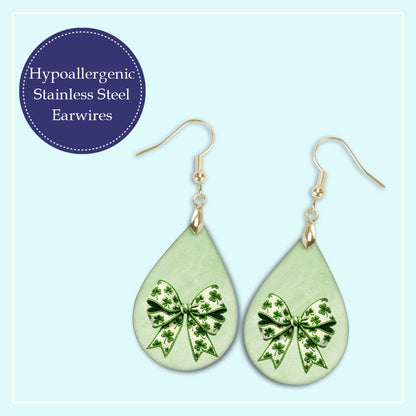 St Patrick’s Day Shamrock Bow Teardrop Earrings – Green Coquette Dangle Earrings