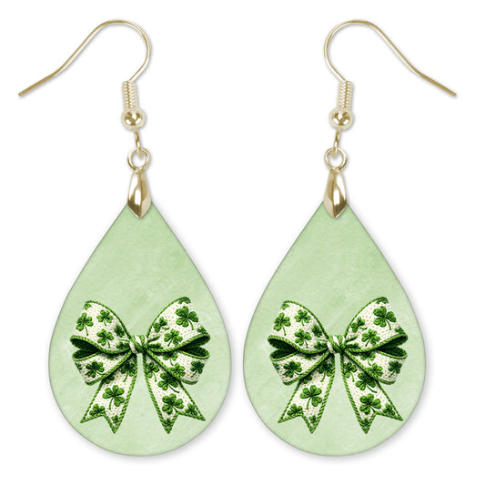St Patrick’s Day Shamrock Bow Teardrop Earrings – Green Coquette Dangle Earrings