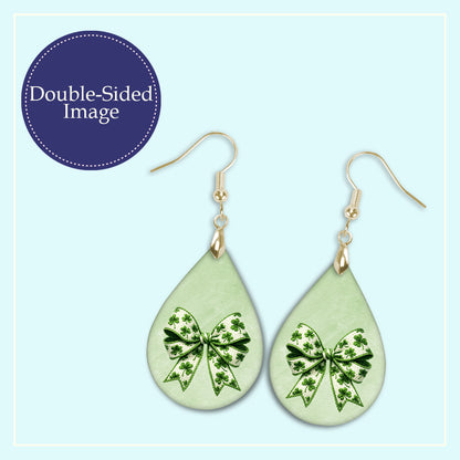 St Patrick’s Day Shamrock Bow Teardrop Earrings – Green Coquette Dangle Earrings