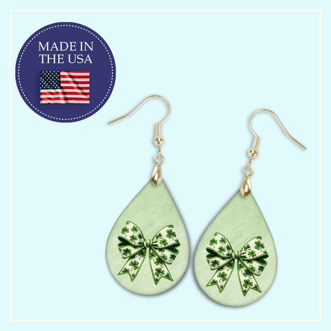 St Patrick’s Day Shamrock Bow Teardrop Earrings – Green Coquette Dangle Earrings