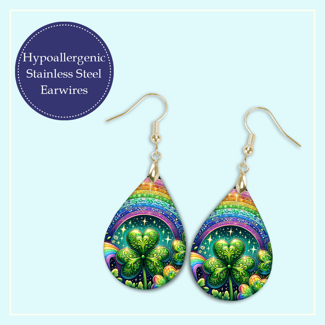 Rainbow Shamrock Teardrop Earrings – Colorful St Patrick’s Day Dangle Earrings
