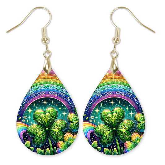 Rainbow Shamrock Teardrop Earrings – Colorful St Patrick’s Day Dangle Earrings