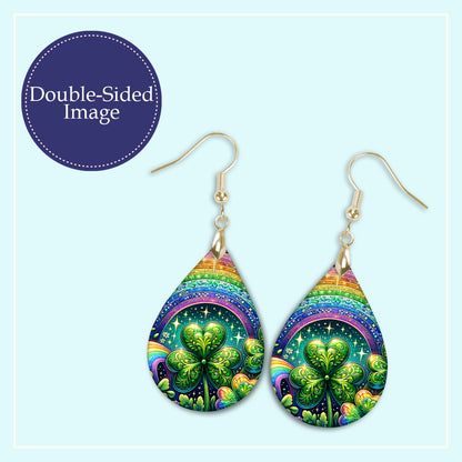 Rainbow Shamrock Teardrop Earrings – Colorful St Patrick’s Day Dangle Earrings
