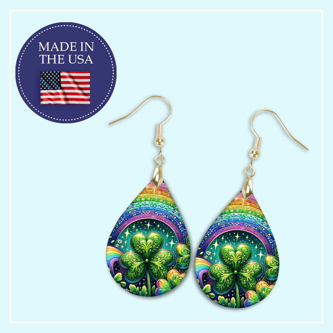 Rainbow Shamrock Teardrop Earrings – Colorful St Patrick’s Day Dangle Earrings