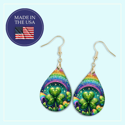 Rainbow Shamrock Teardrop Earrings – Colorful St Patrick’s Day Dangle Earrings