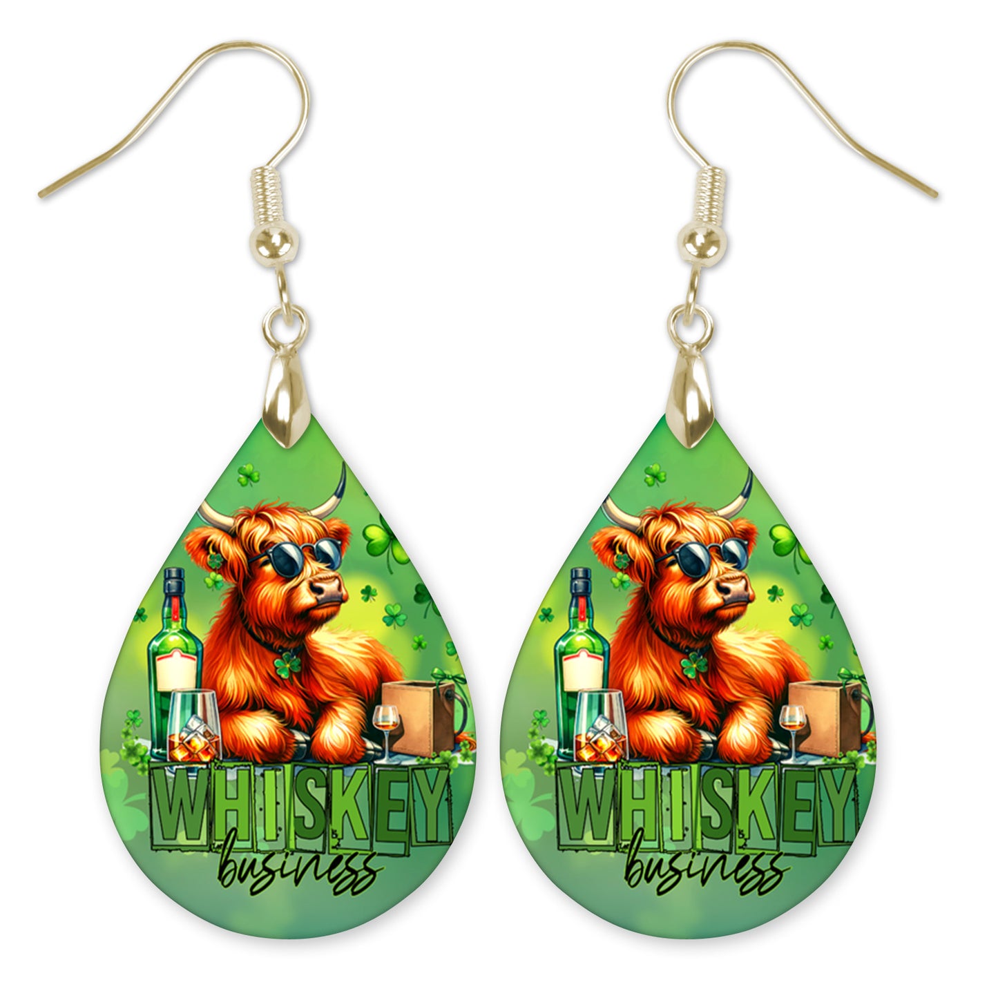 Whiskey Business Highland Cow Teardrop Earrings – Funny St Patrick’s Day Dangle Earrings