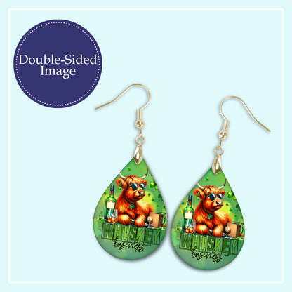 Whiskey Business Highland Cow Teardrop Earrings – Funny St Patrick’s Day Dangle Earrings